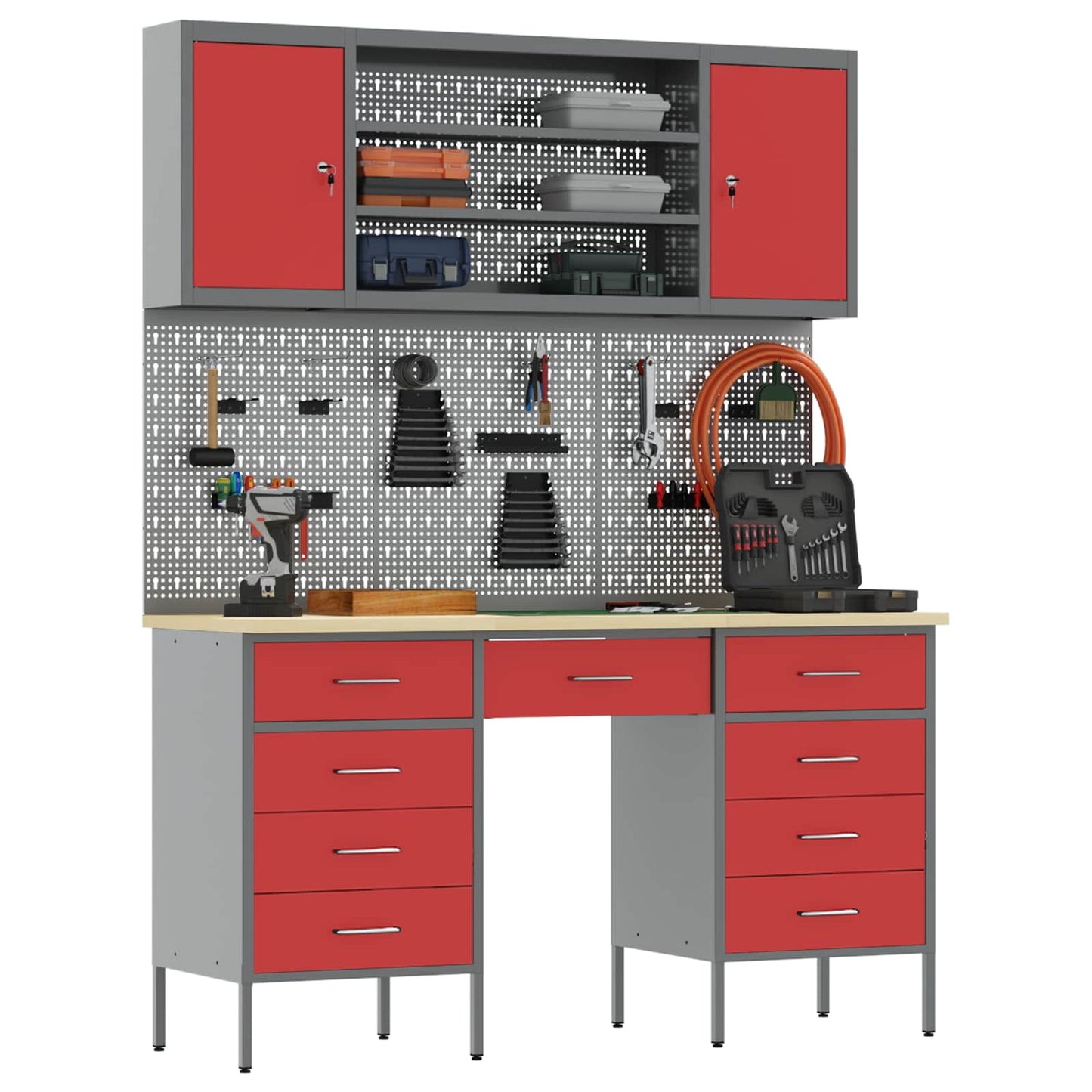Work Cabinet with Drawer 8 pcs Red Engineered Wood and Steel