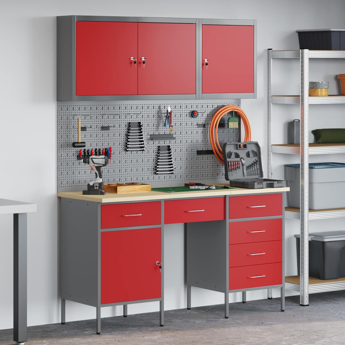 Work Cabinet with Drawer 8 pcs Red Engineered Wood and Steel
