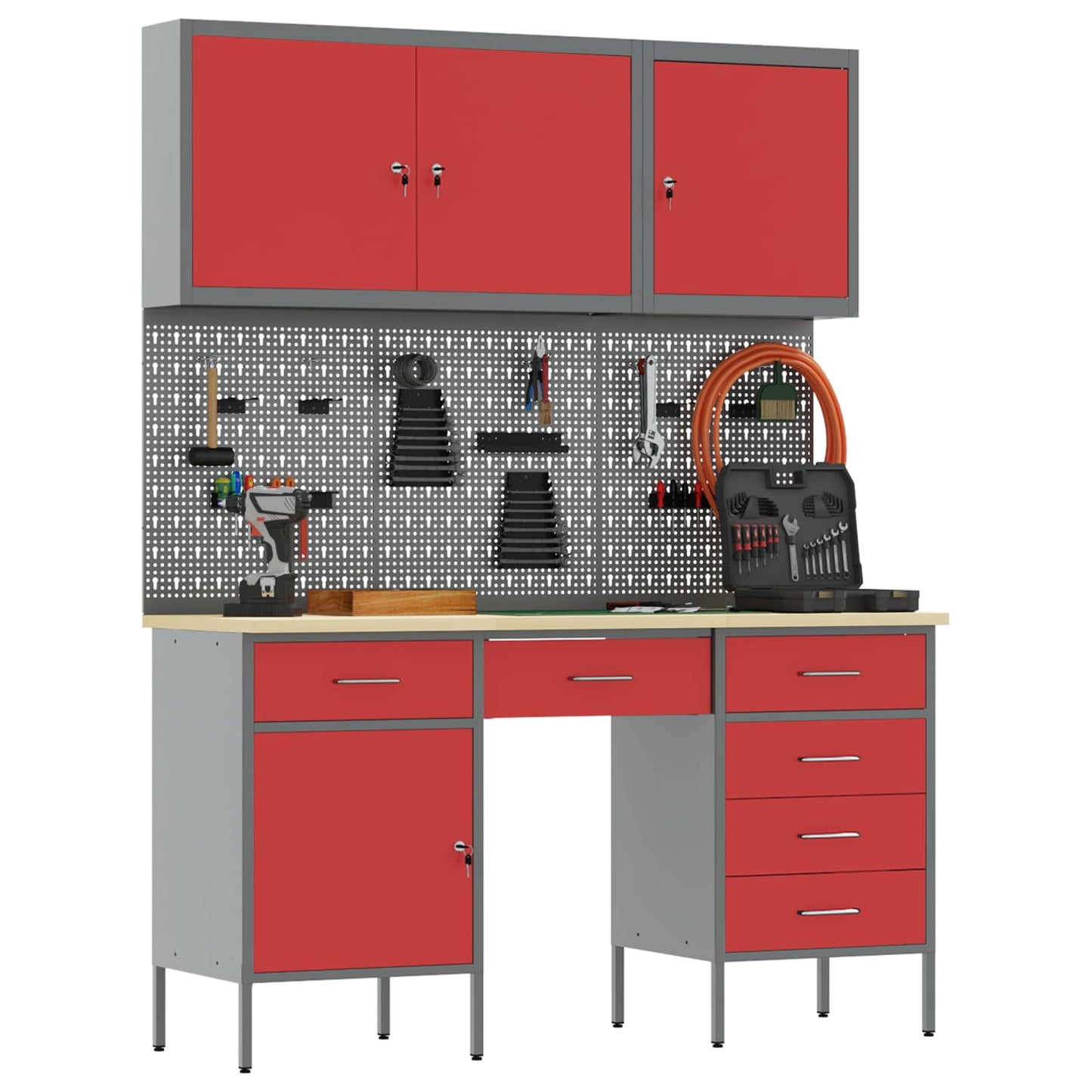 Work Cabinet with Drawer 8 pcs Red Engineered Wood and Steel