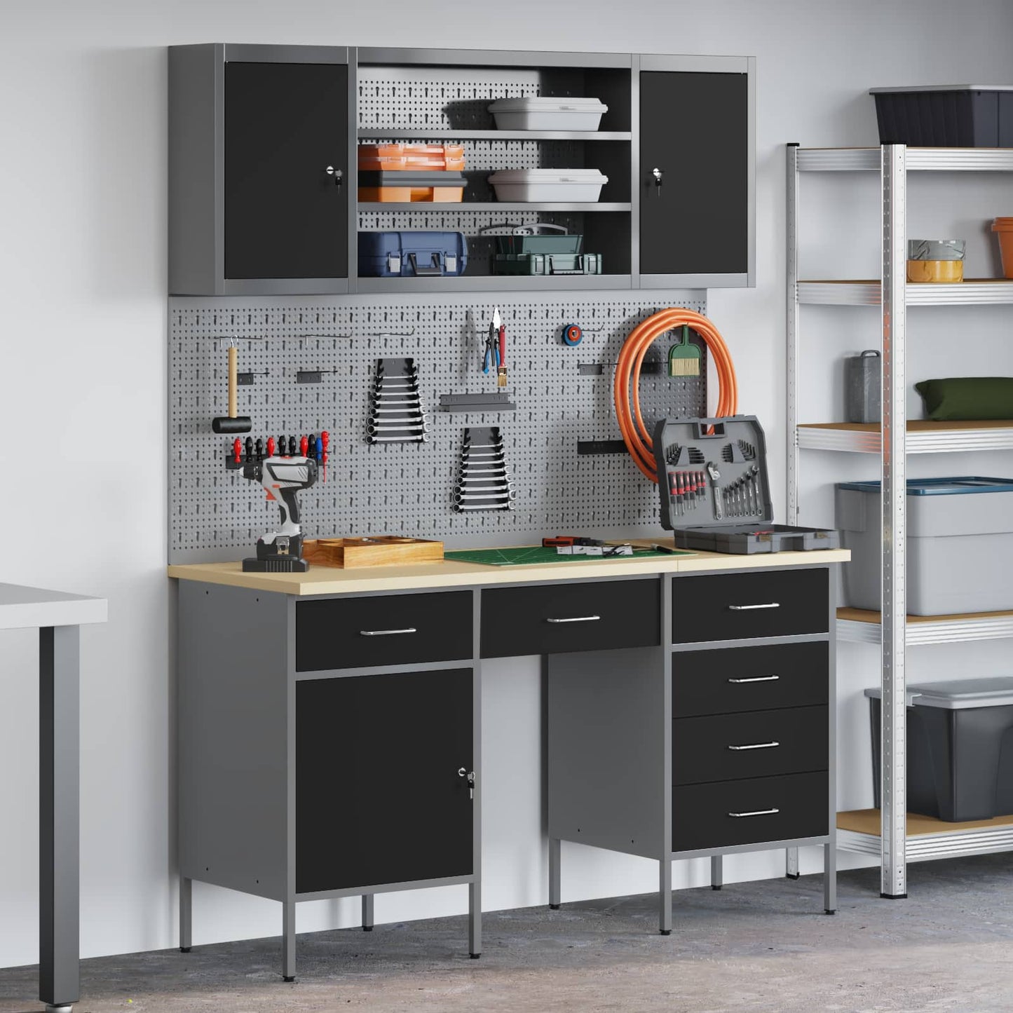 Work Cabinet with Drawer 8 pcs Black Engineered Wood and Steel
