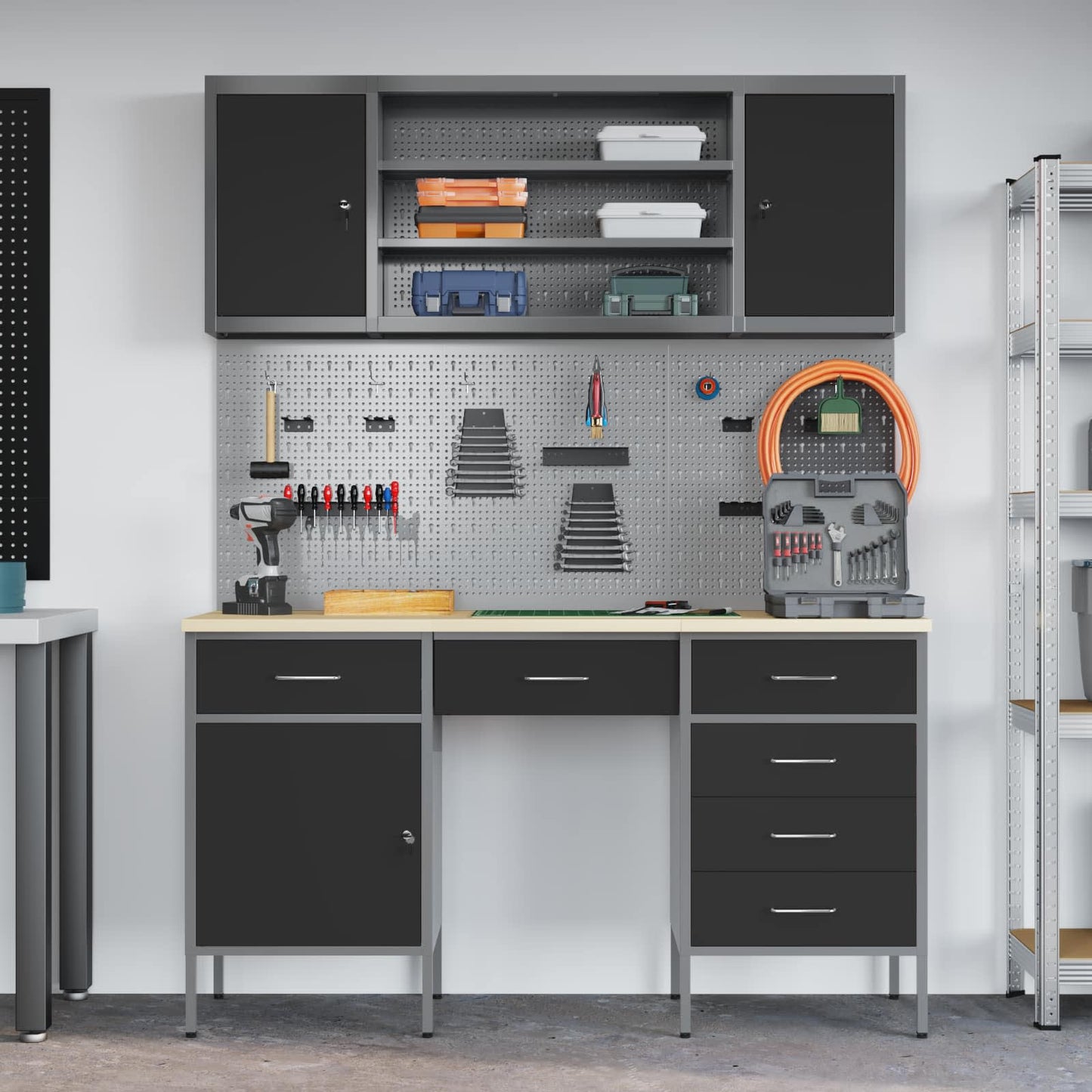 Work Cabinet with Drawer 8 pcs Black Engineered Wood and Steel