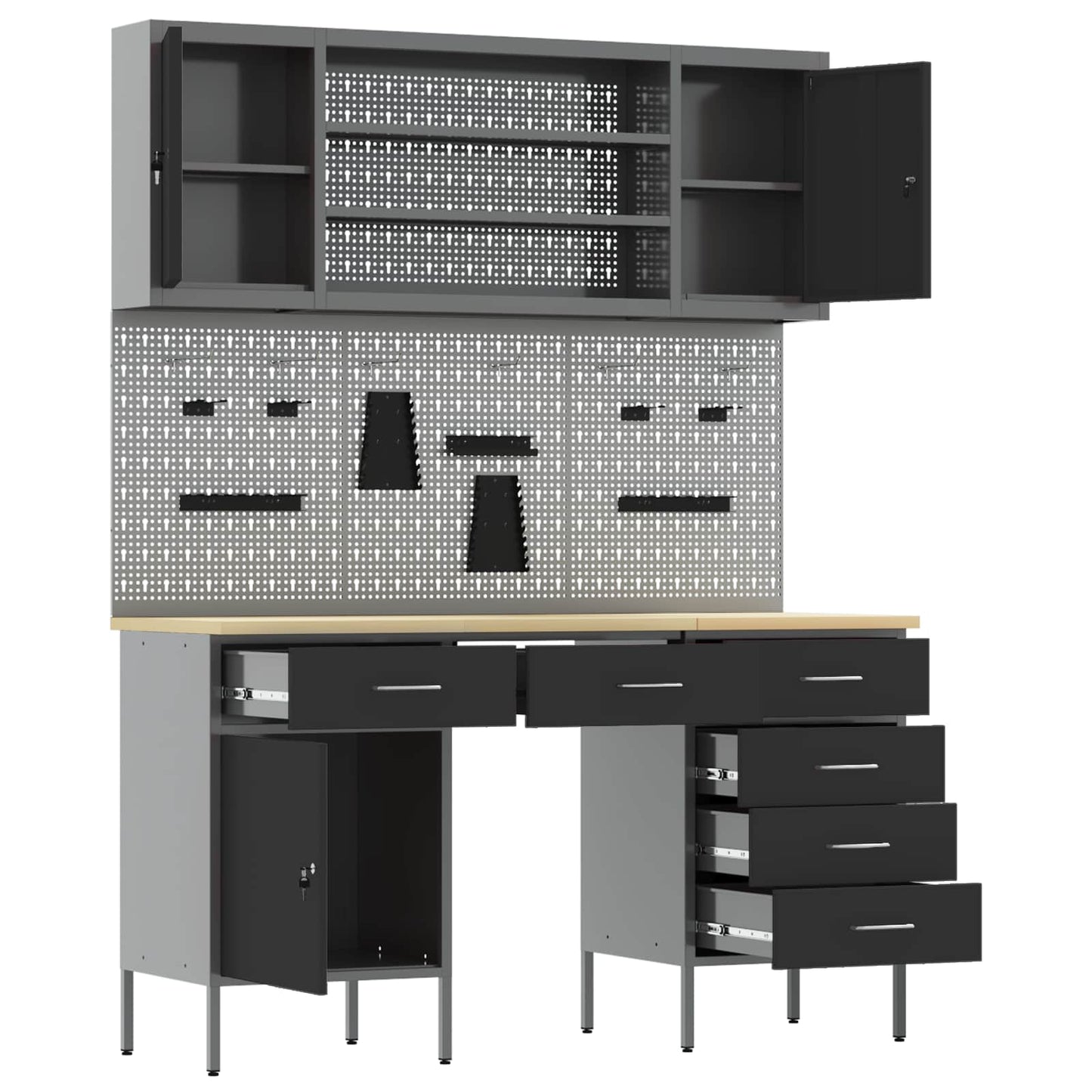 Work Cabinet with Drawer 8 pcs Black Engineered Wood and Steel