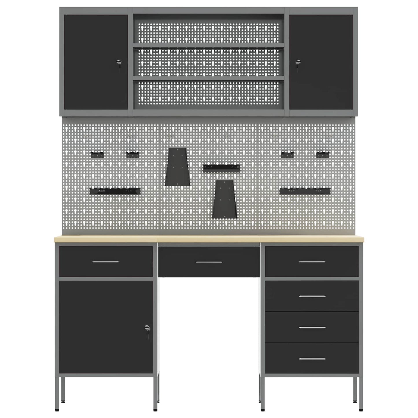 Work Cabinet with Drawer 8 pcs Black Engineered Wood and Steel