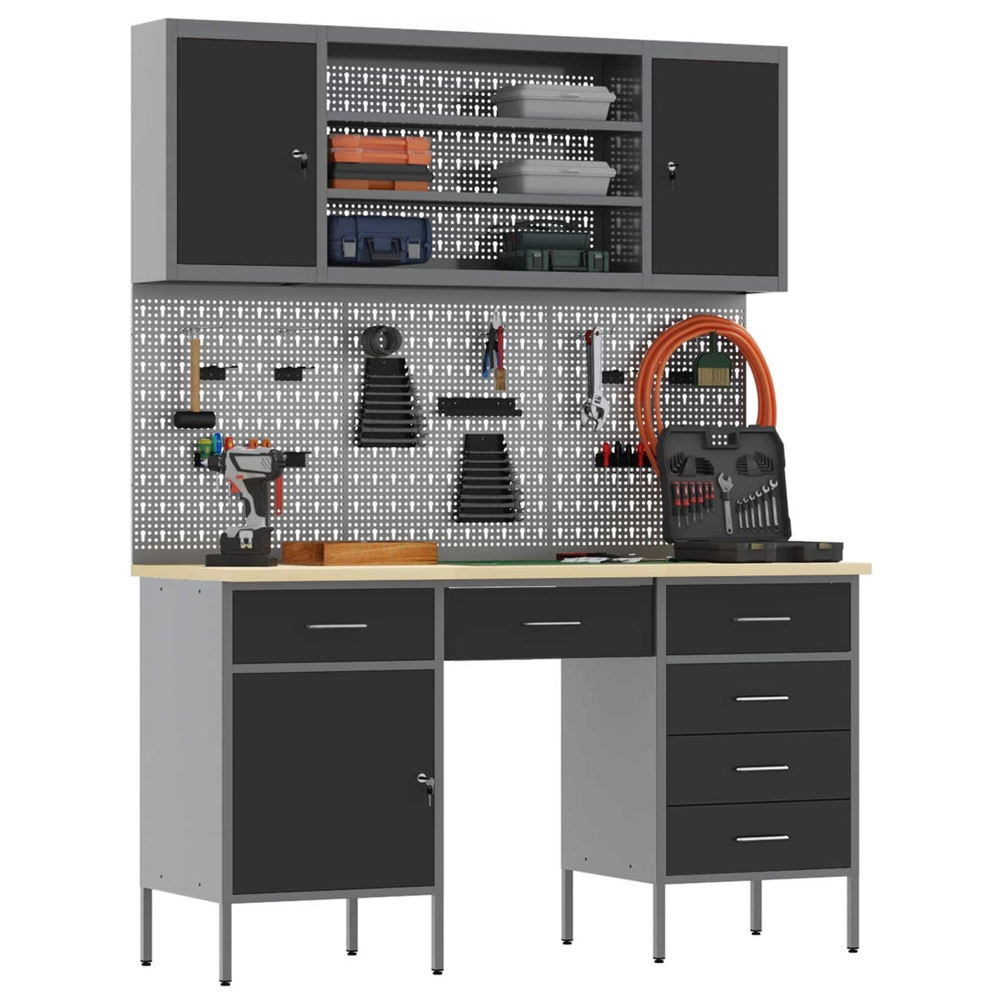 Work Cabinet with Drawer 8 pcs Black Engineered Wood and Steel