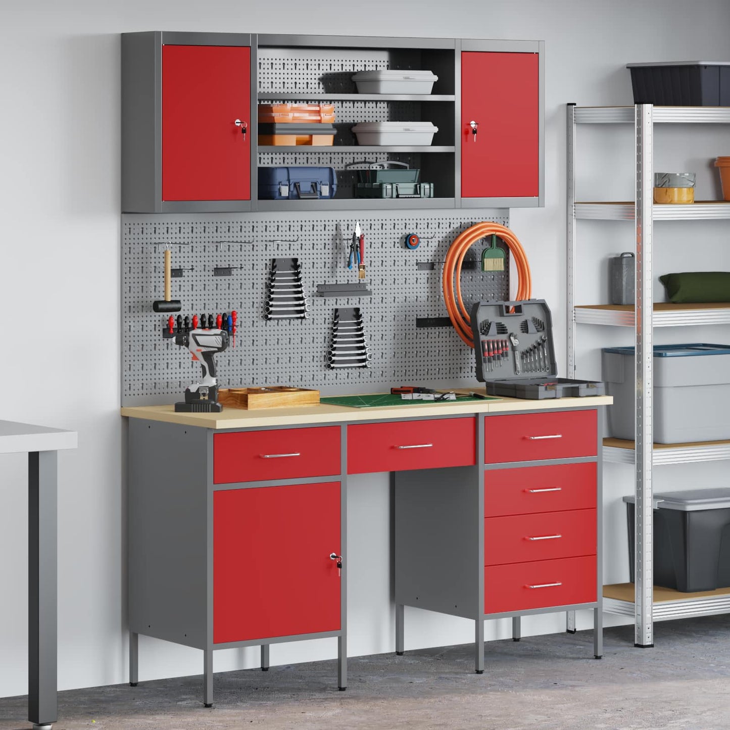 Work Cabinet with Drawer 8 pcs Red Engineered Wood and Steel