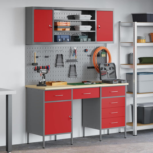 Work Cabinet with Drawer 8 pcs Red Engineered Wood and Steel