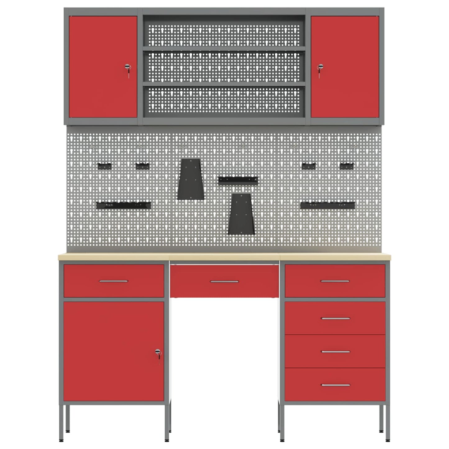 Work Cabinet with Drawer 8 pcs Red Engineered Wood and Steel