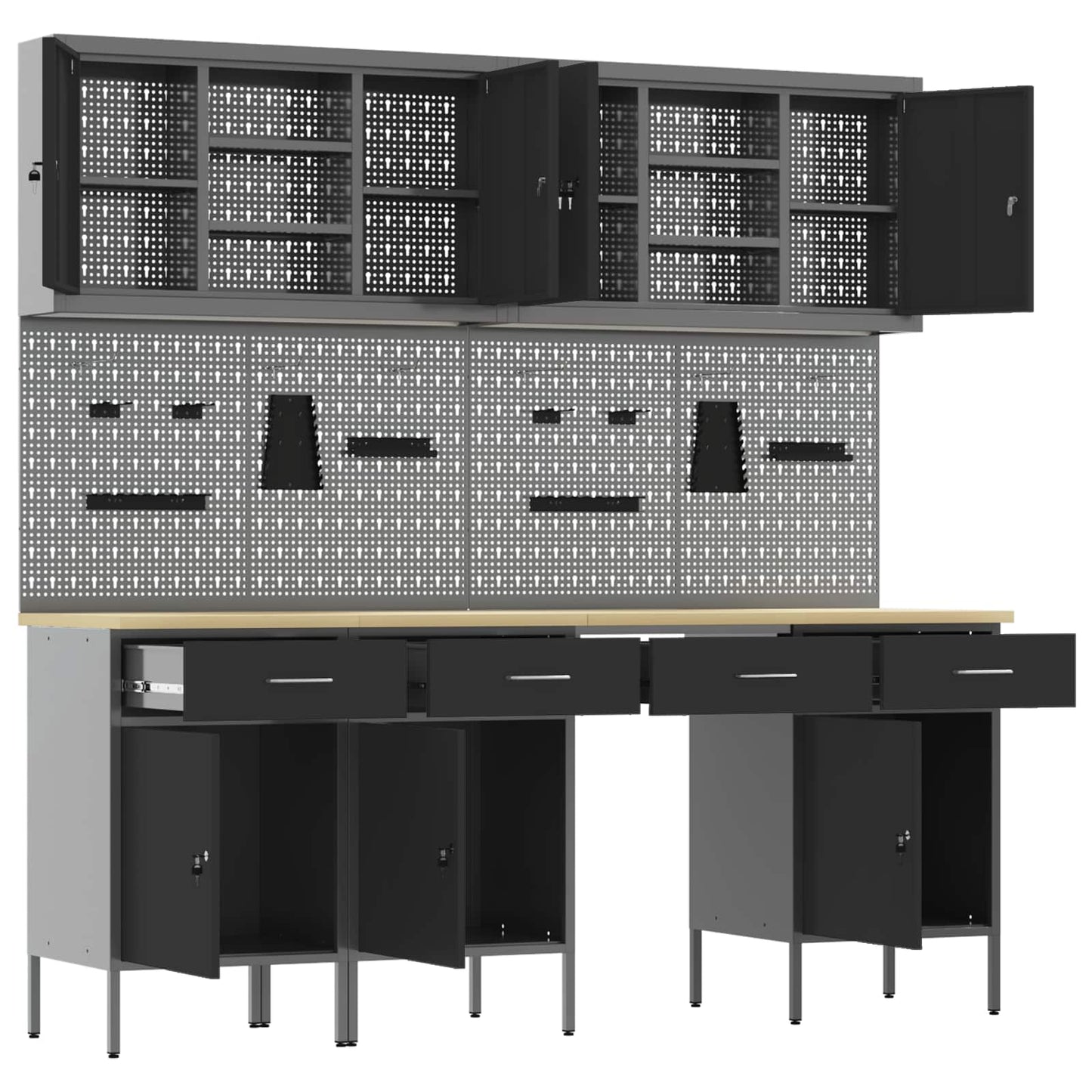 Work Cabinet with Drawer 10 pcs Black Engineered Wood and Steel