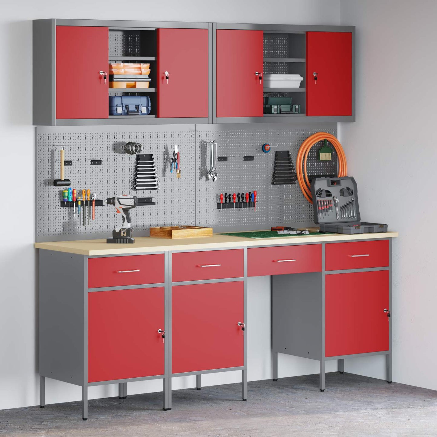 Work Cabinet with Drawer 10 pcs Red Engineered Wood and Steel