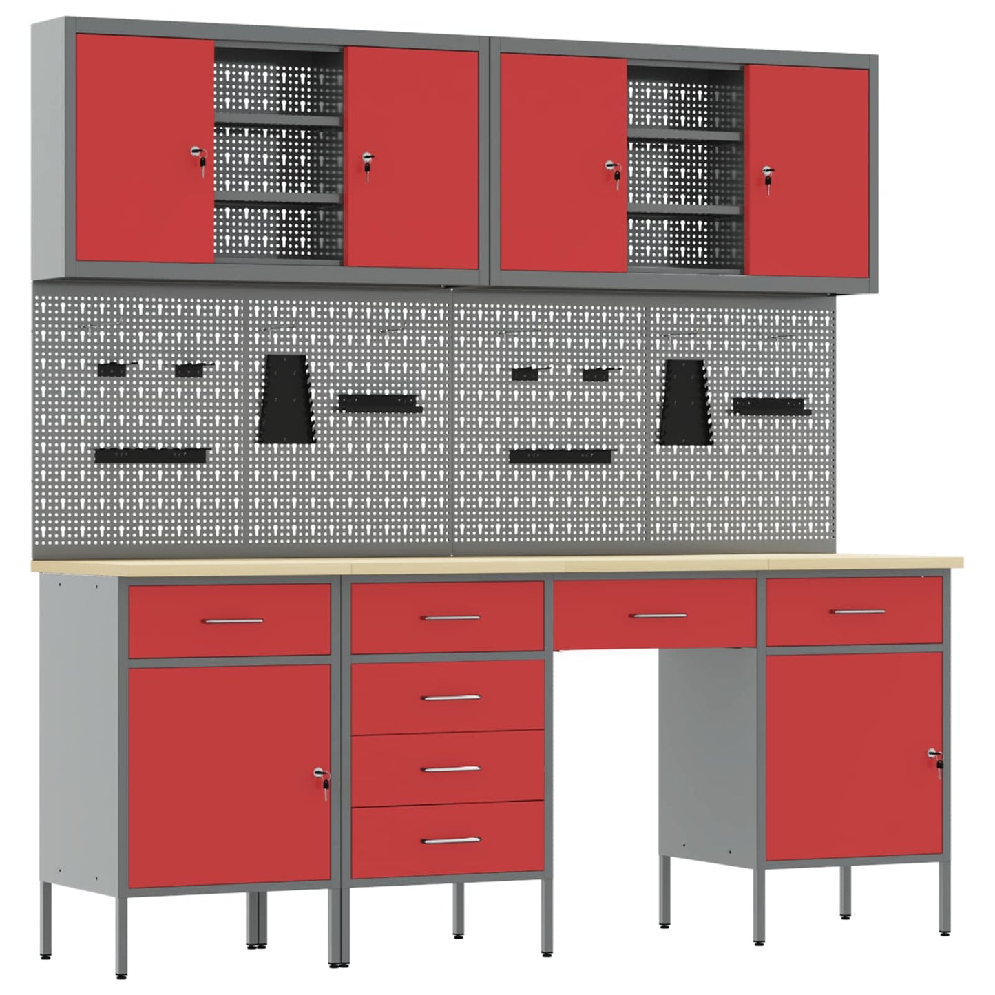 Work Cabinet with Drawer 10 pcs Red Engineered Wood and Steel