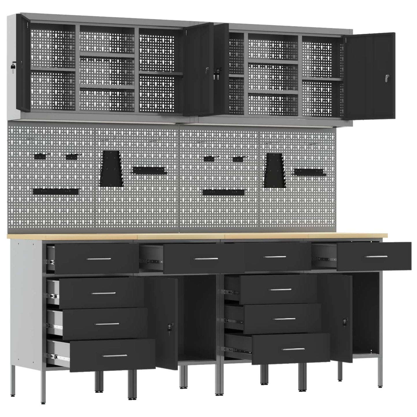 Work Cabinet with Drawer 10 pcs Black Engineered Wood and Steel