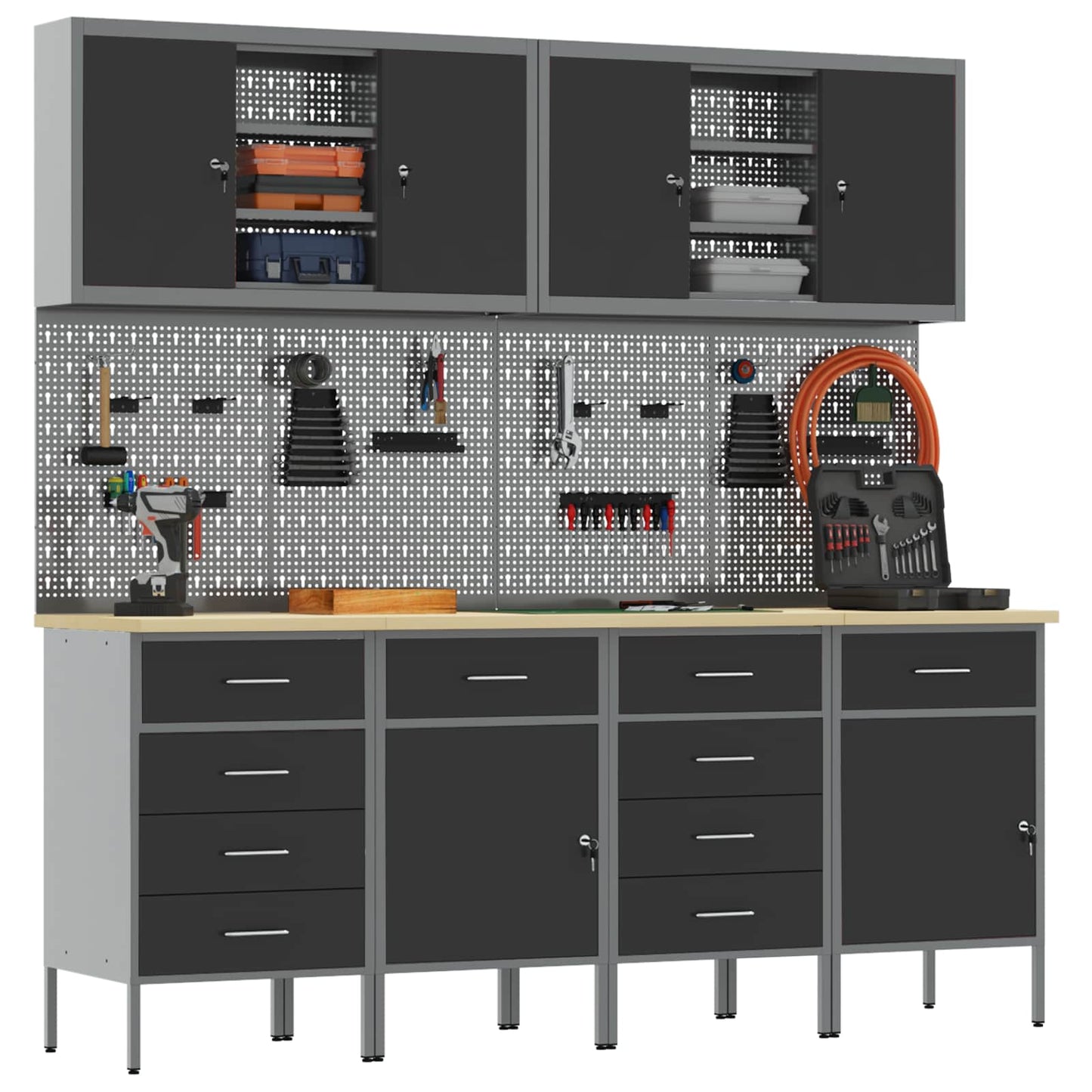 Work Cabinet with Drawer 10 pcs Black Engineered Wood and Steel