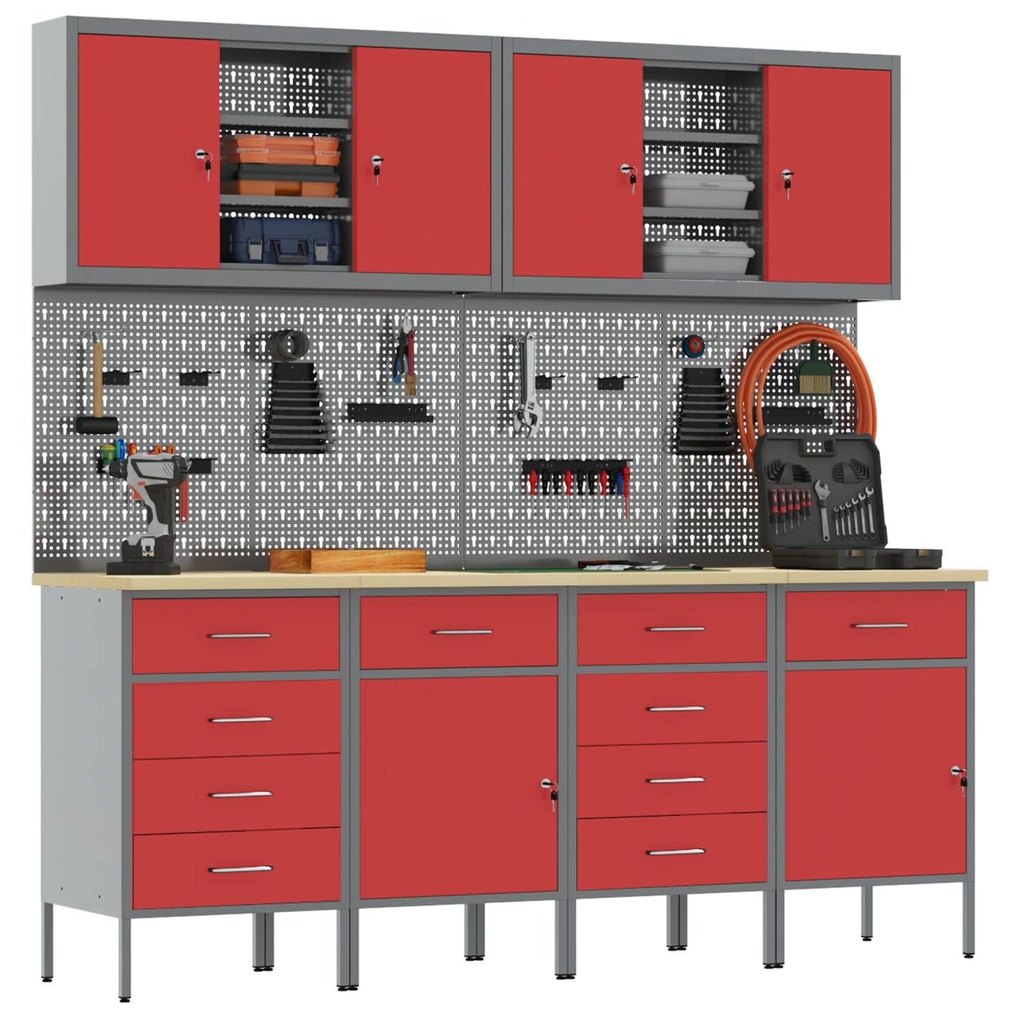 Work Cabinet with Drawer 10 pcs Red Engineered Wood and Steel