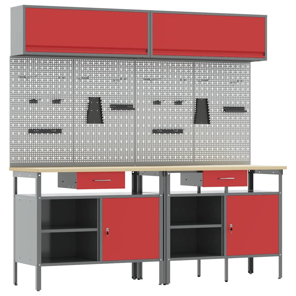 Work Bench Set with Lock 8 pcs Red and Grey Powder-Coated Steel