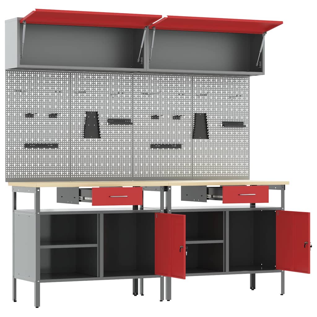 Work Bench Set with Lock 8 pcs Red and Grey Powder-Coated Steel