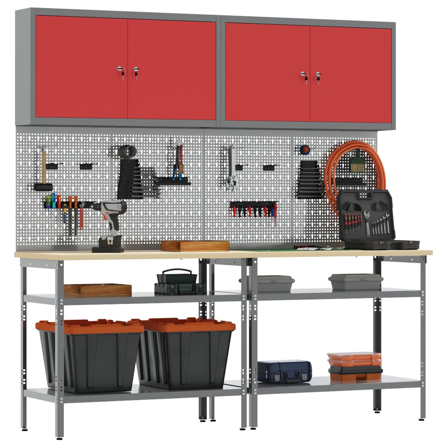 Work Bench Set 8 pcs Red and Grey Powder-Coated Steel