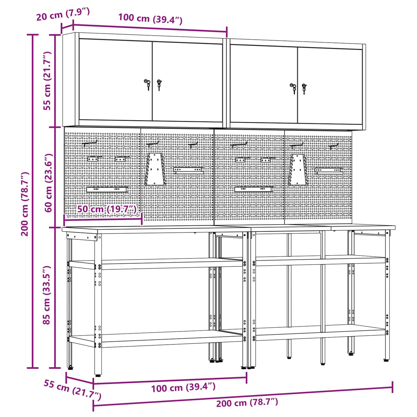 Work Bench Set 8 pcs Red and Grey Powder-Coated Steel