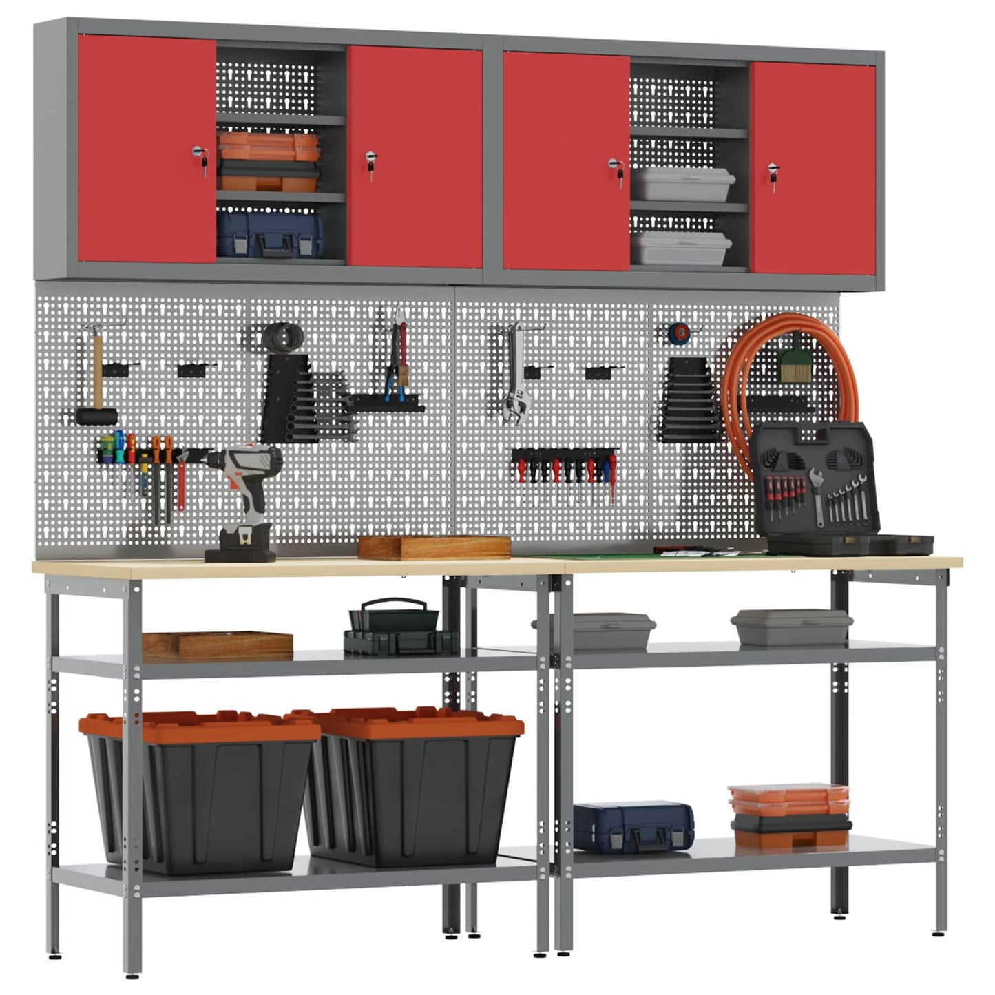 Work Bench Set 8 pcs Red and Grey Powder-Coated Steel