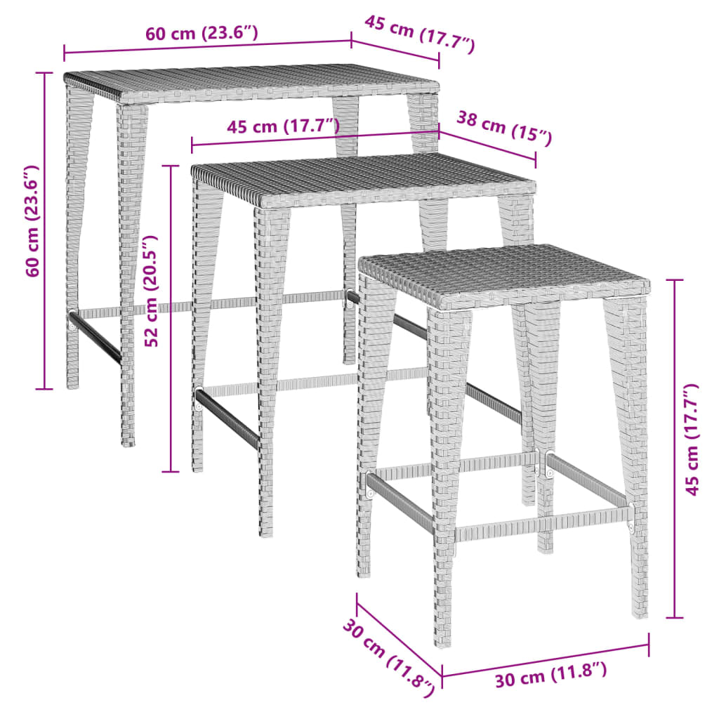 vidaXL Garden Nesting Tables 3 pcs Black Poly Rattan