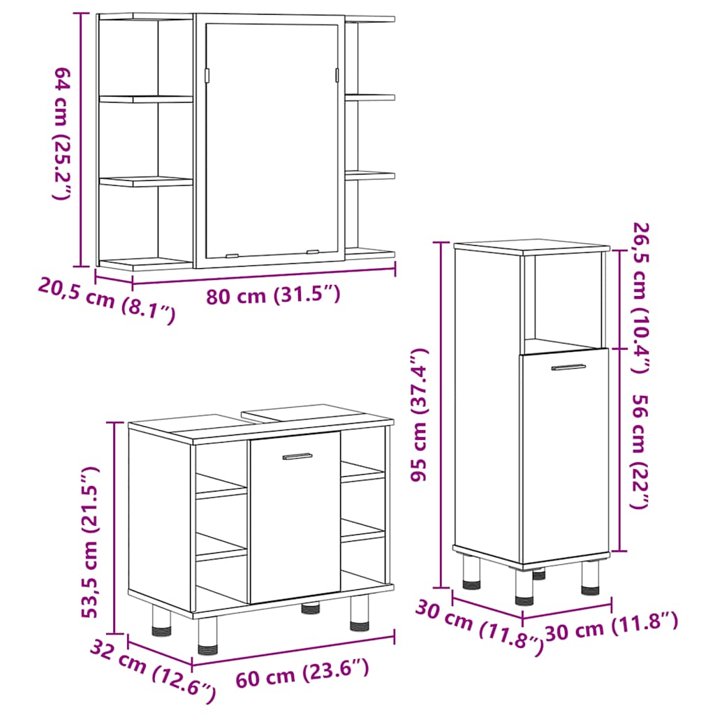 vidaXL 3 Piece Bathroom Furniture Set Concrete Grey Engineered Wood