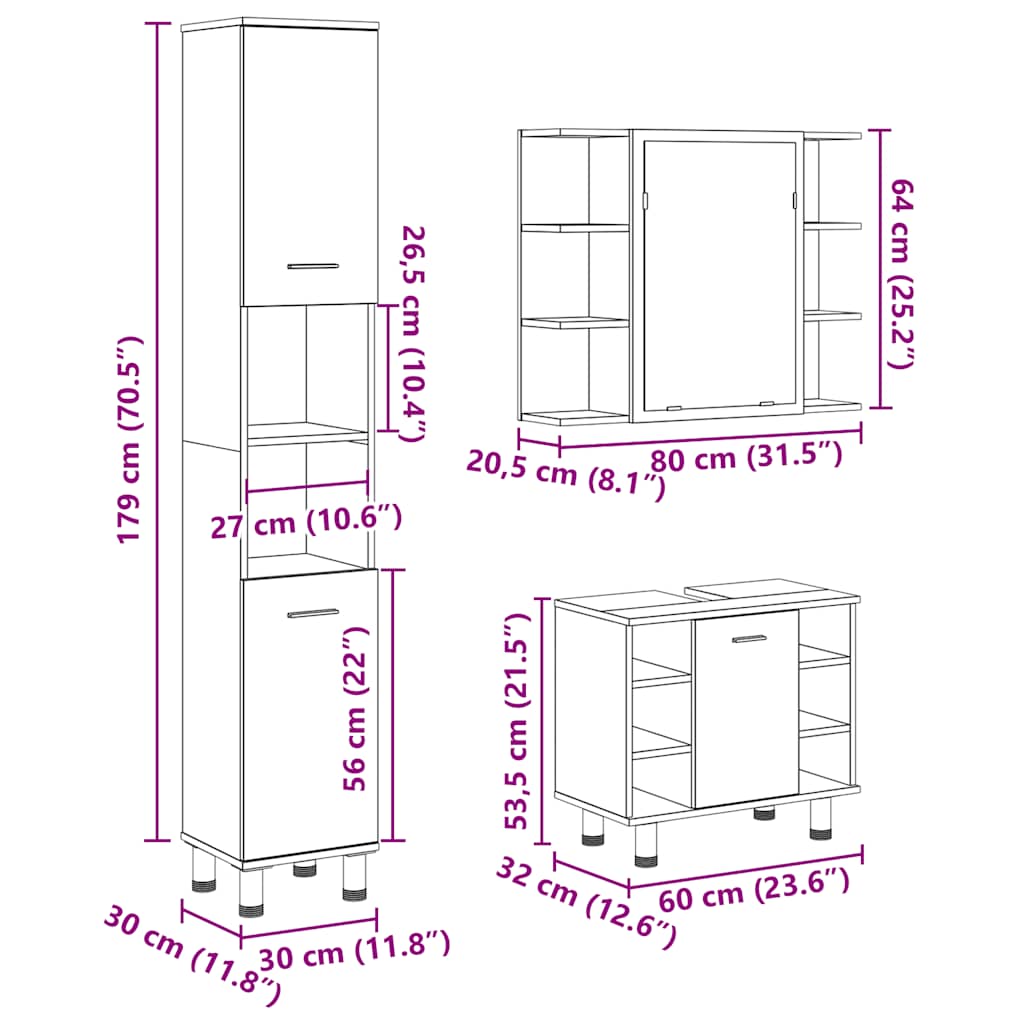 vidaXL 3 Piece Bathroom Furniture Set Concrete Grey Engineered Wood