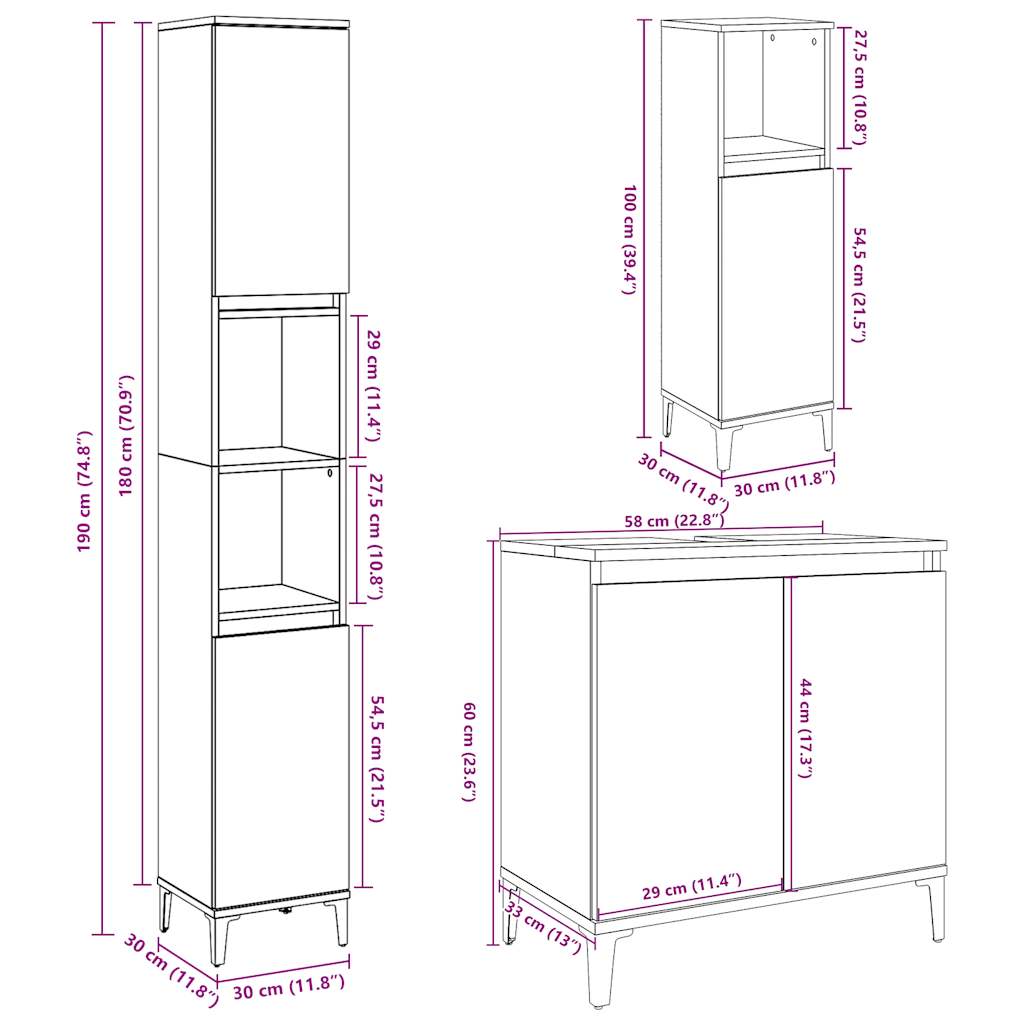 vidaXL 3 Piece Bathroom Furniture Set Concrete Grey Engineered Wood