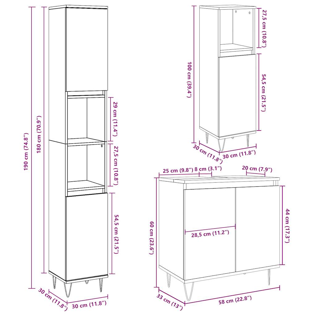 vidaXL 3 Piece Bathroom Furniture Set Concrete Grey Engineered Wood