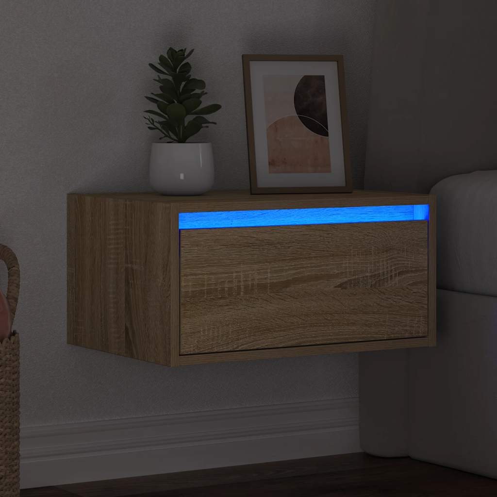 vidaXL Wall-mounted Bedside Cabinet with LED Lights Sonoma Oak