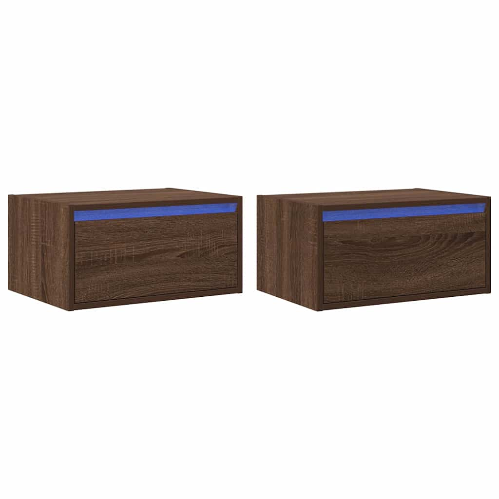 vidaXL Wall-mounted Bedside Cabinets with LED Lights 2 pcs Brown Oak