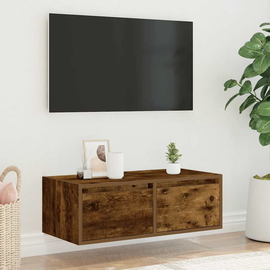 vidaXL TV Cabinet with LED Lights Smoked Oak 75x35.5x25 cm