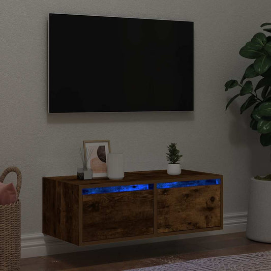 vidaXL TV Cabinet with LED Lights Smoked Oak 75x35.5x25 cm