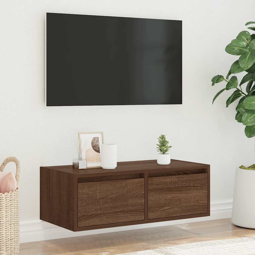 TV Cabinet with LED Lights Brown Oak 75x35,5x25 cm