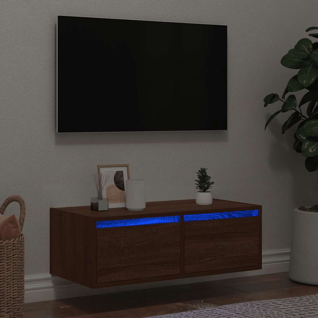 TV Cabinet with LED Lights Brown Oak 75x35,5x25 cm