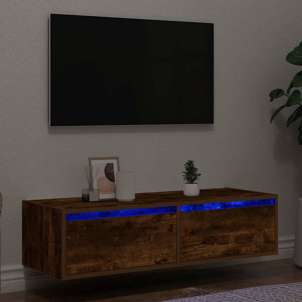 vidaXL TV Cabinet with LED Lights Smoked Oak 100X35.5x25 cm