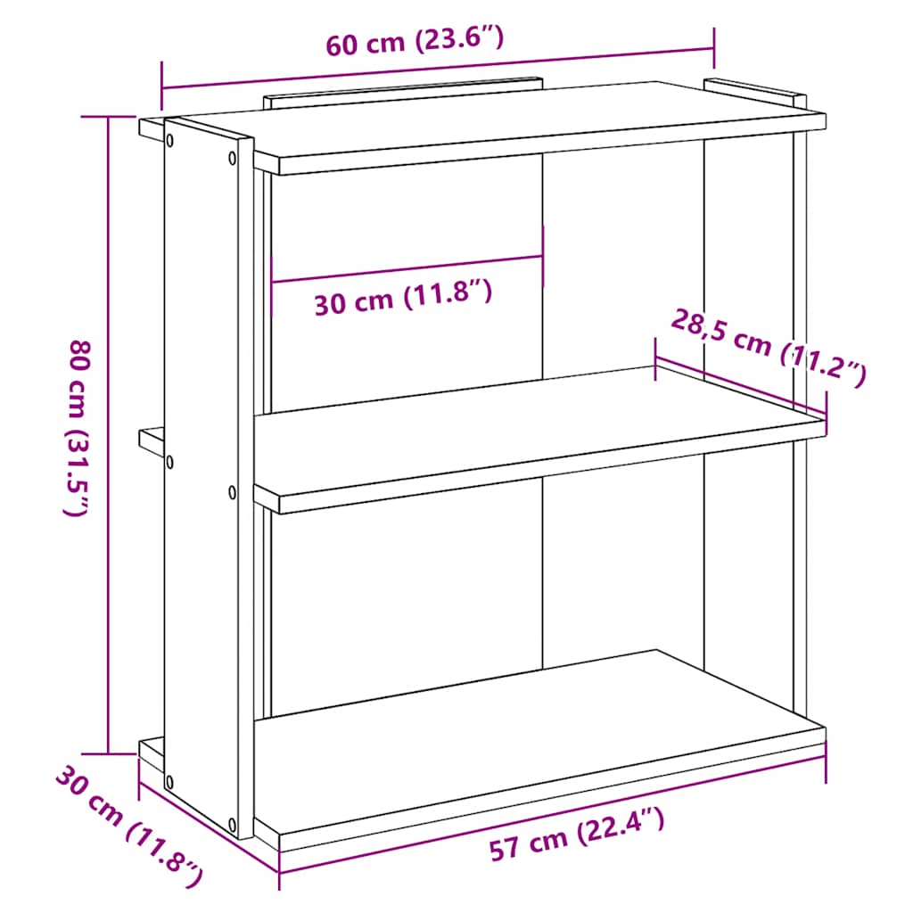 Bookcase 3-Tier Concrete Grey 60x30x80 cm Engineered Wood