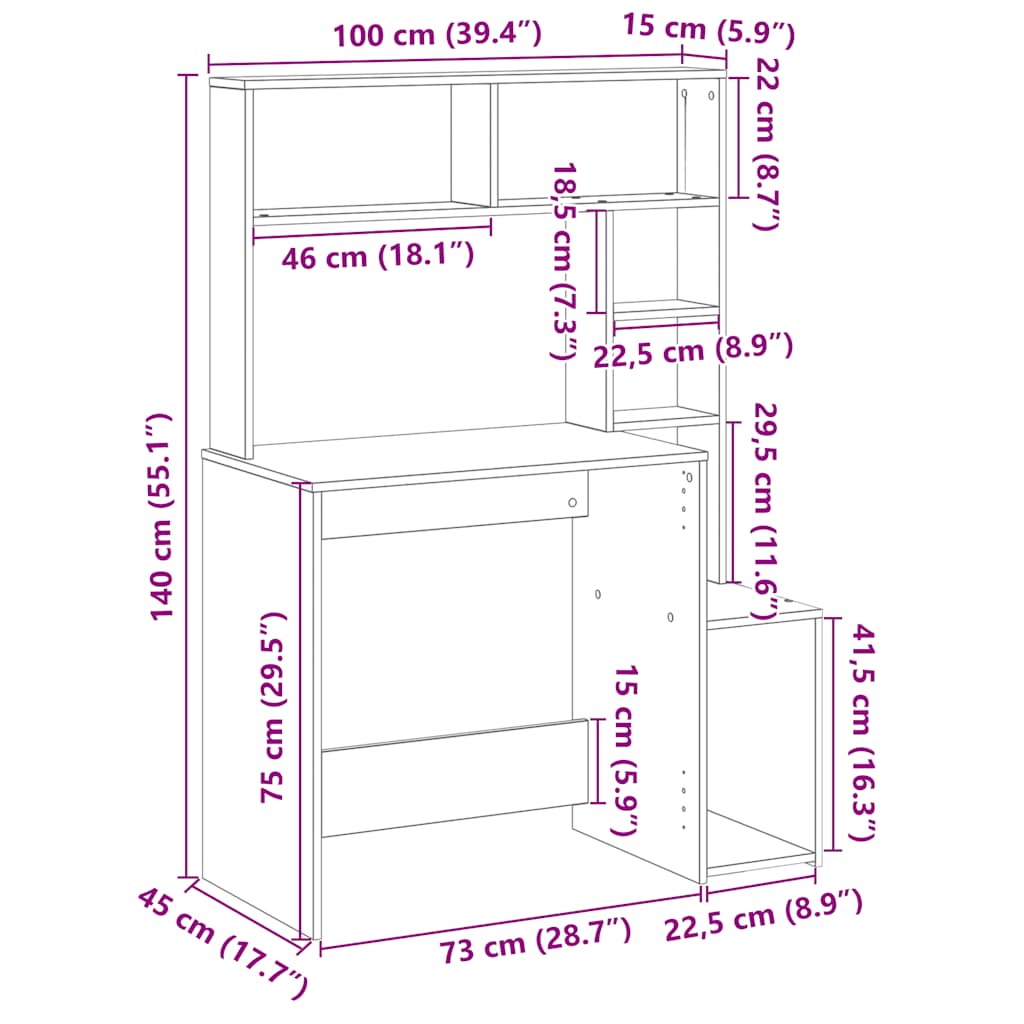 vidaXL Desk with Shelves Smoked Oak 100x45x140 cm Engineered Wood