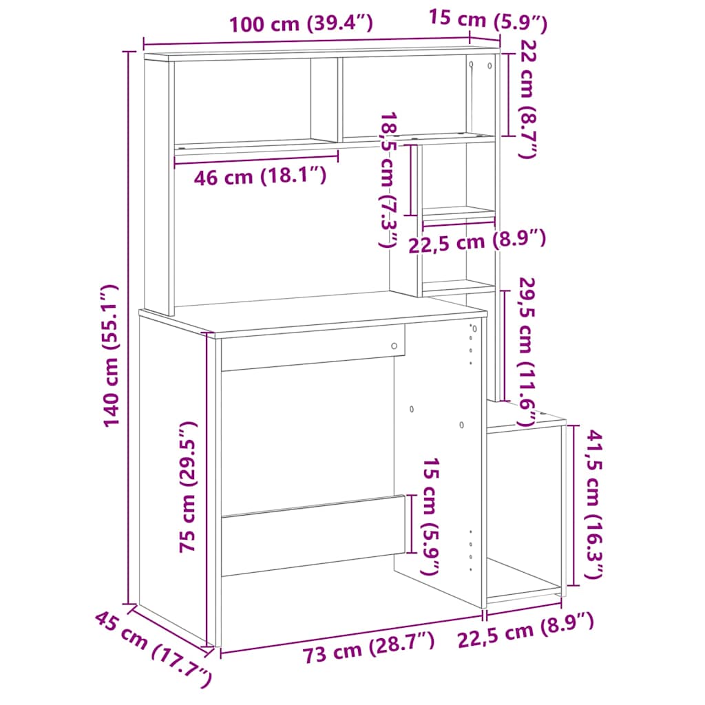 vidaXL Desk with Shelves Grey Sonoma 100x45x140 cm Engineered Wood