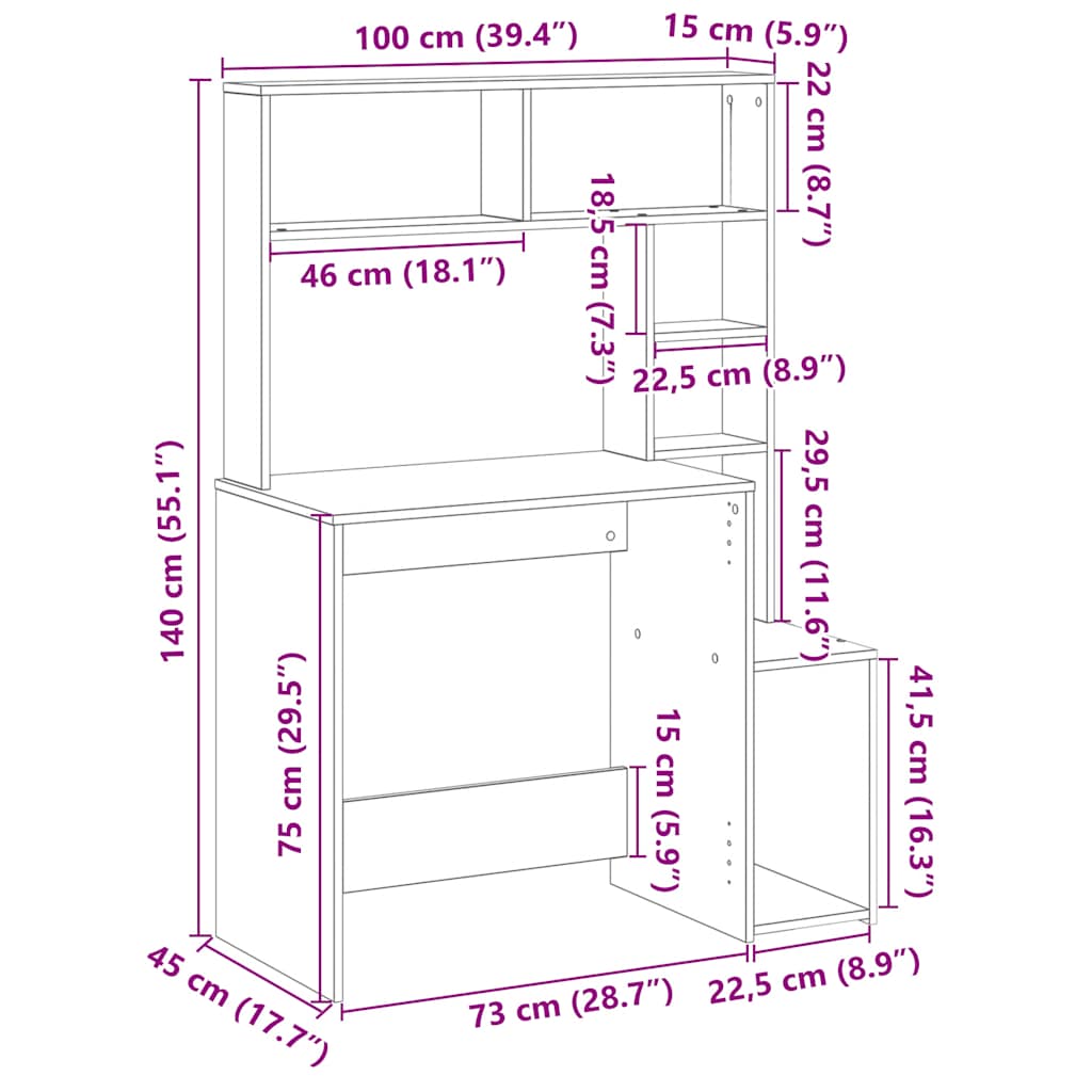 vidaXL Desk with Shelves Artisan Oak 100x45x140 cm Engineered Wood