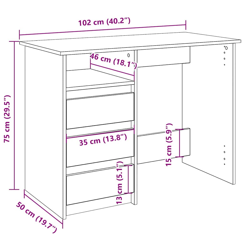 vidaXL Desk White 102x50x75 cm Engineered Wood