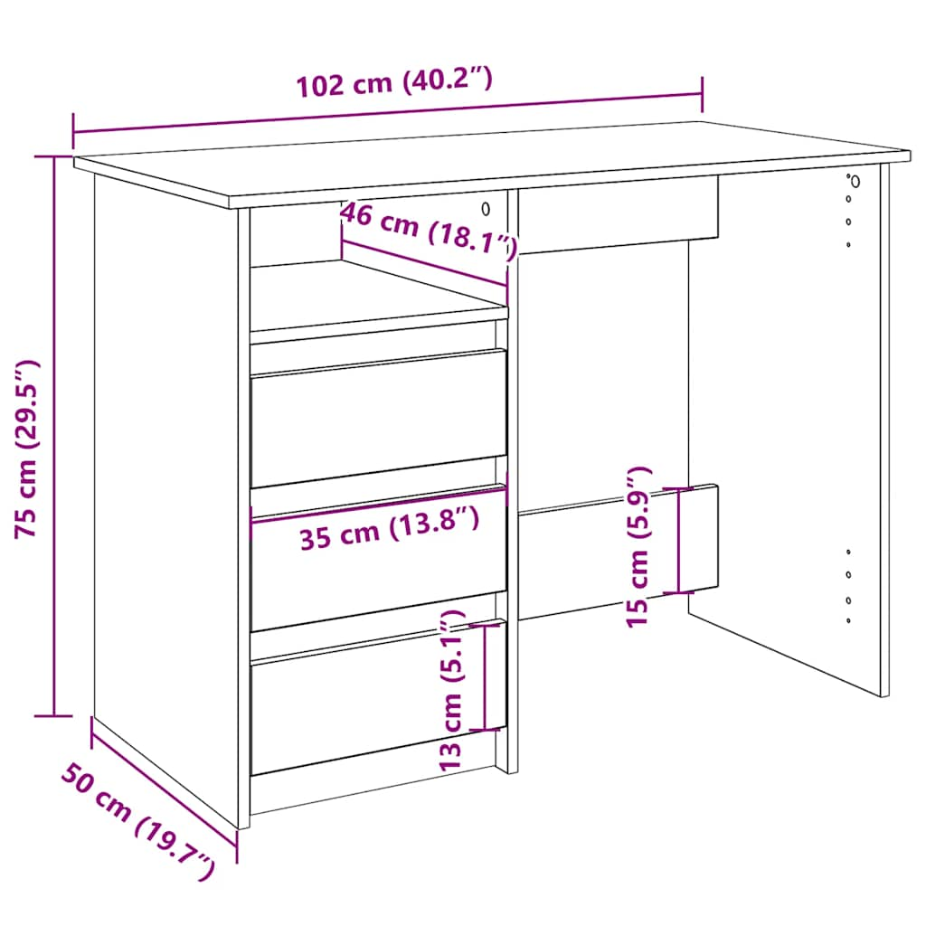 vidaXL Desk Sonoma Oak 102x50x75 cm Engineered Wood