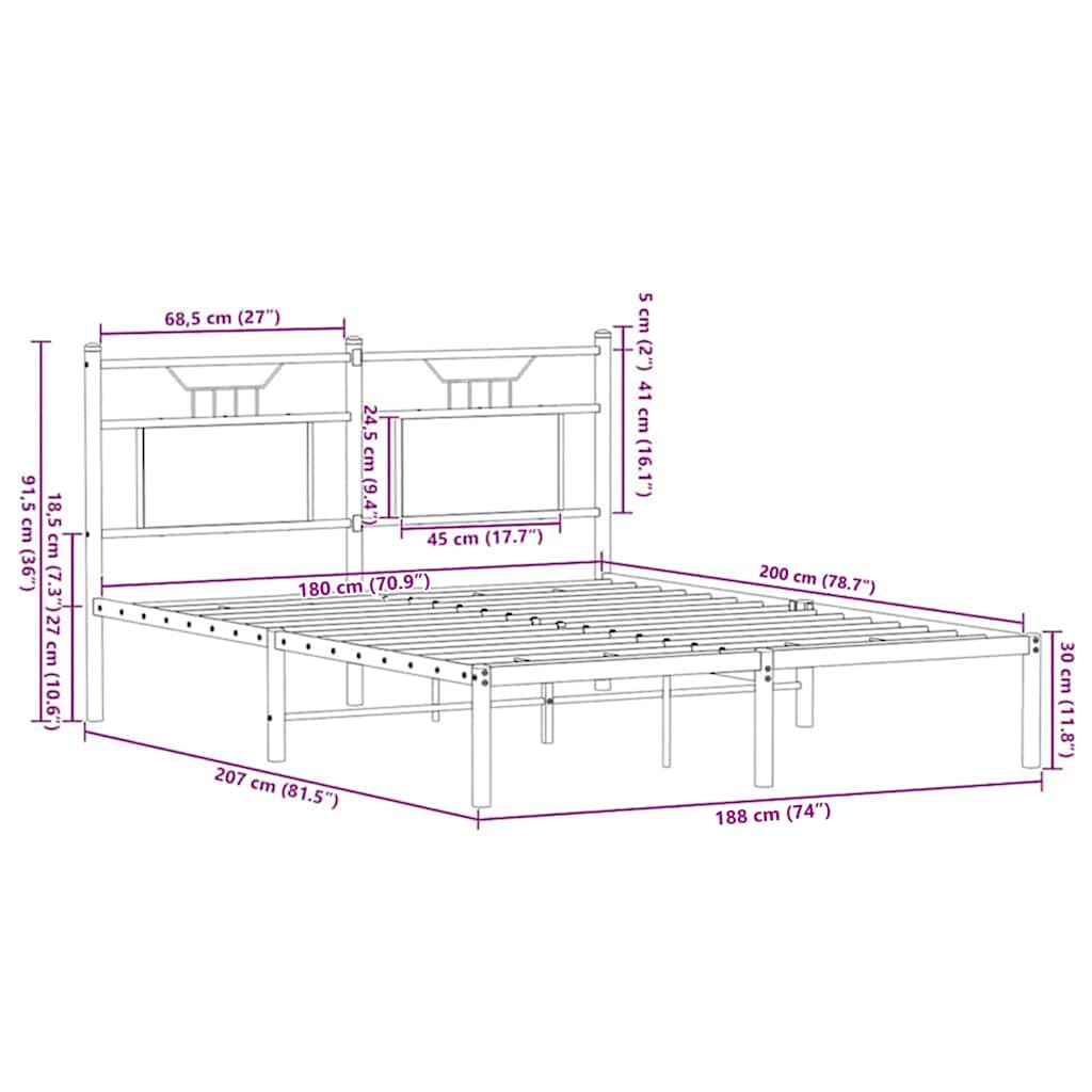 Metal Bed Frame without Mattress Sonoma Oak 180x200 cm Super King