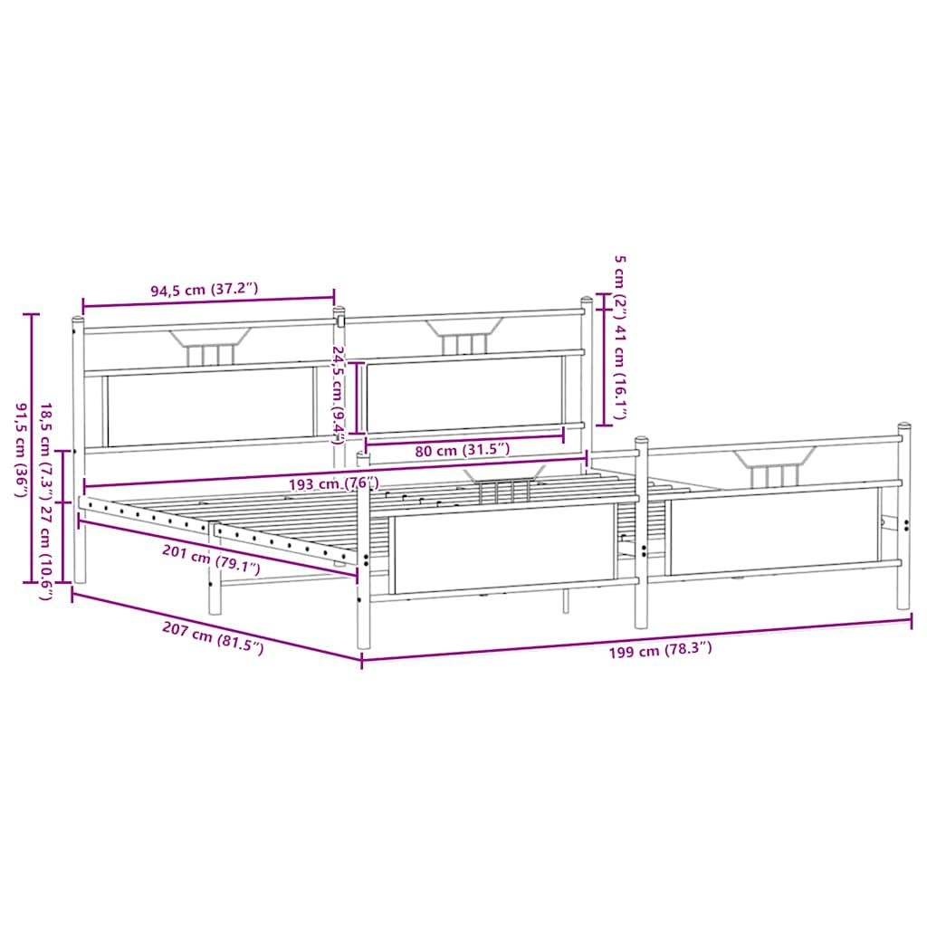 Metal Bed Frame without Mattress Brown Oak 193x201 cm