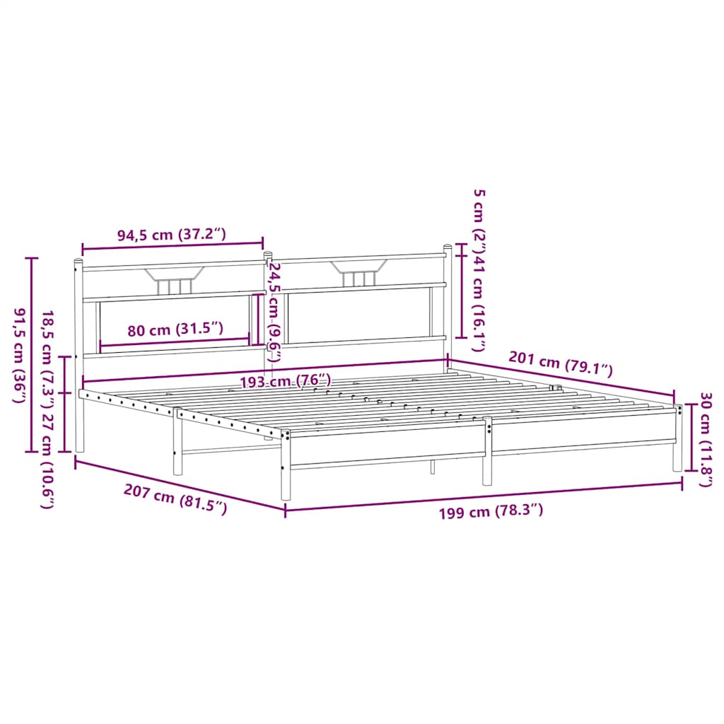 vidaXL Metal Bed Frame without Mattress Smoked Oak 193x203 cm