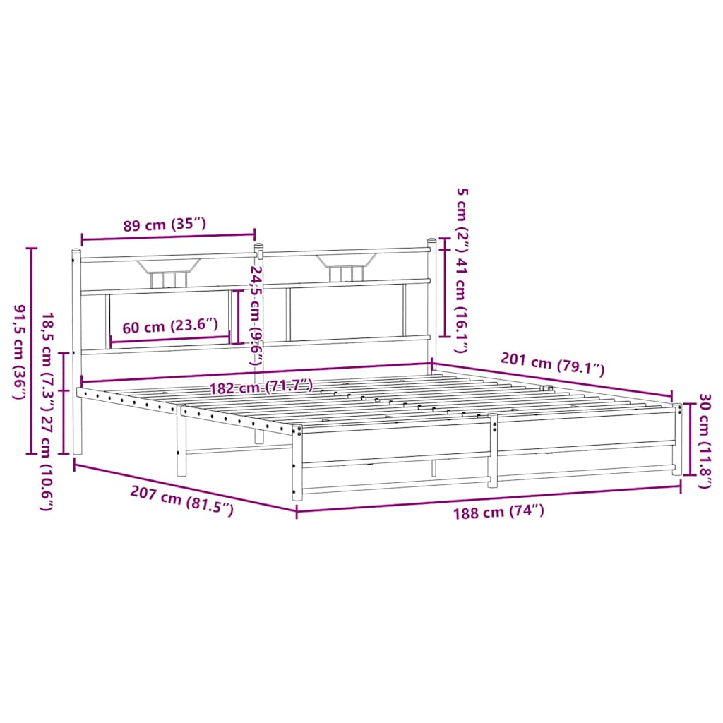 vidaXL Metal Bed Frame without Mattress Smoked Oak 180x200 cm Super King