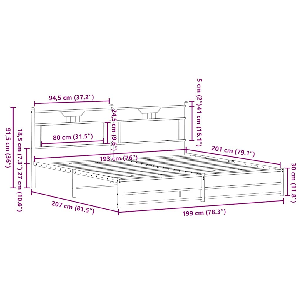 vidaXL Metal Bed Frame without Mattress Smoked Oak 193x203 cm