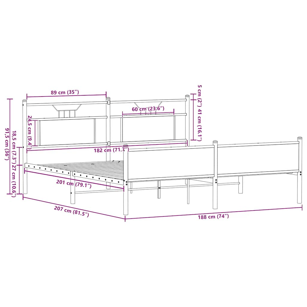 vidaXL Metal Bed Frame without Mattress Smoked Oak 180x200 cm Super King