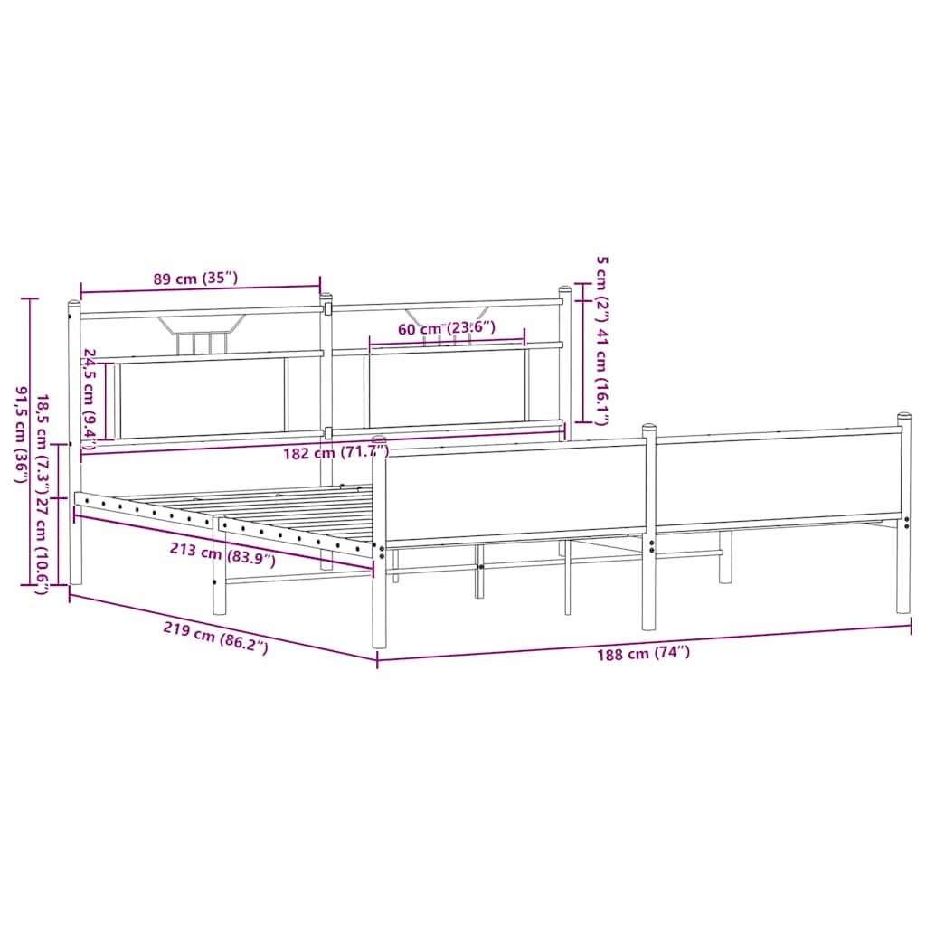 vidaXL Metal Bed Frame without Mattress Smoked Oak 183x213 cm