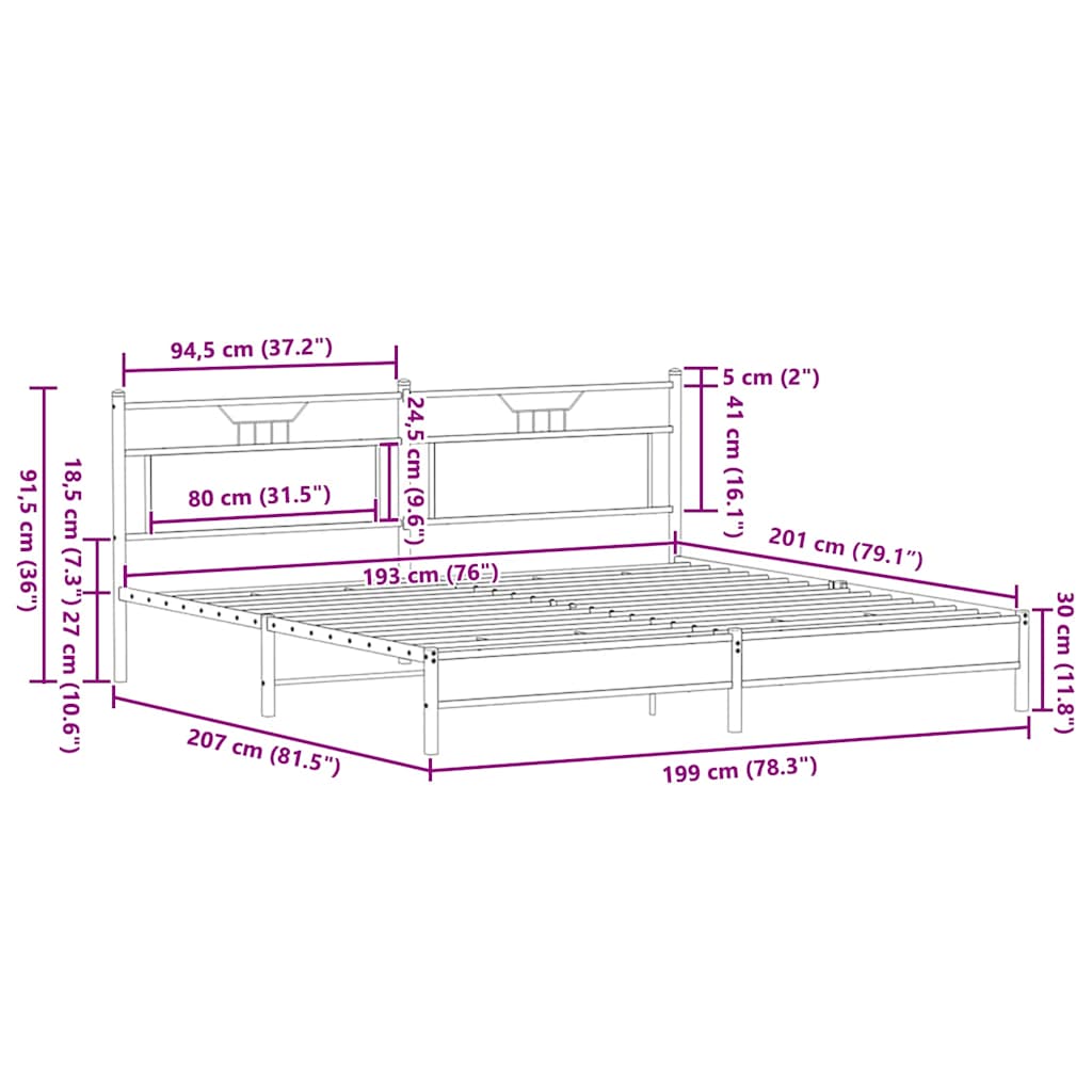 Metal Bed Frame without Mattress Sonoma Oak 193x201 cm
