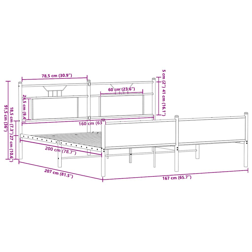 Metal Bed Frame without Mattress Sonoma Oak 160x200 cm