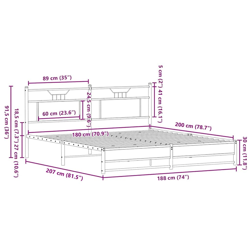 Metal Bed Frame without Mattress Brown Oak 180x200 cm Super King